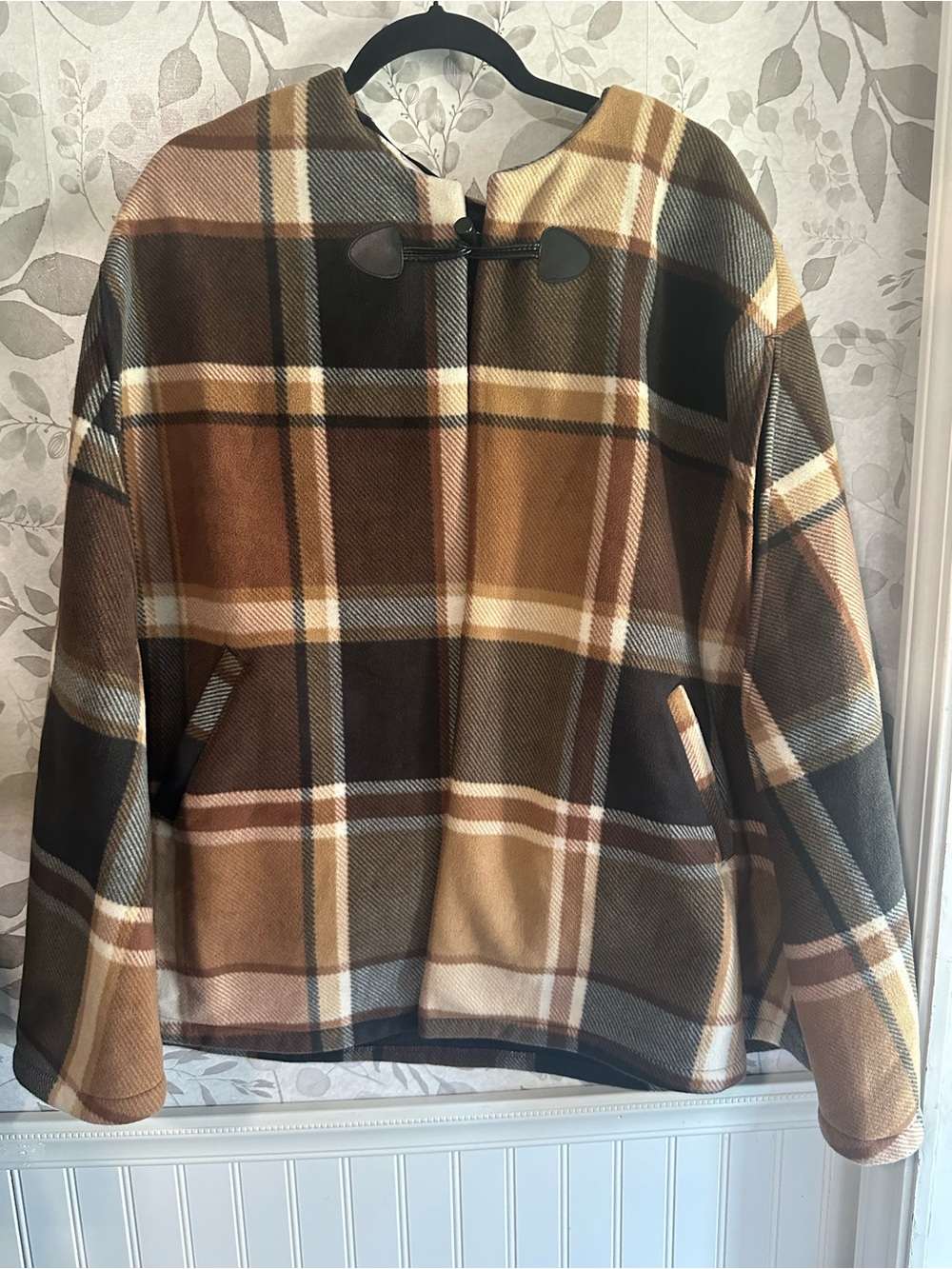Rachel Zoe Brown Multi Plaid Toggle Cape Jacket